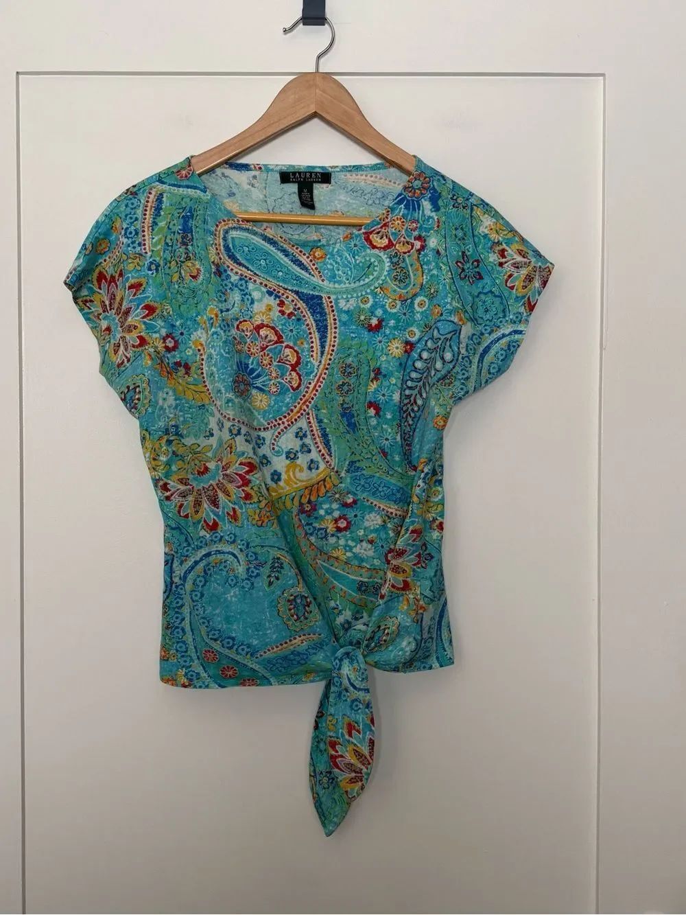 Lauren Ralph Lauren Top Womens Sz M Blue Floral Paisley Tie Front Beach Resort